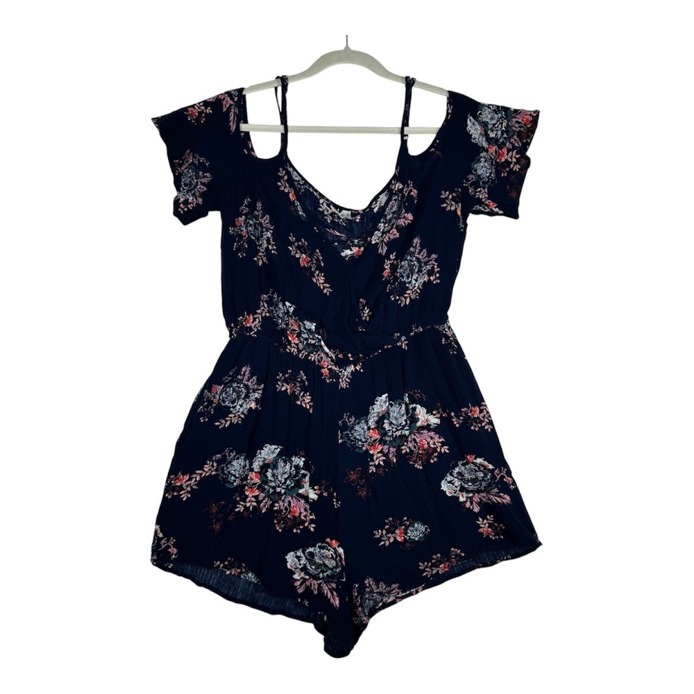 Mudd Romper Junior Womens L  Navy Blue Floral‎ Cold Shoulder Whimsical Boho